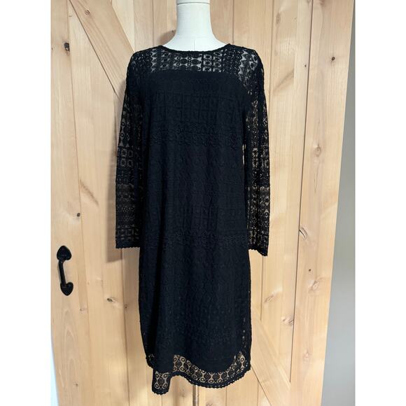 Garnet Hill | Duet Embroidered Lace Long Sleeve Black Dress | Size 4 - Picture 1 of 14